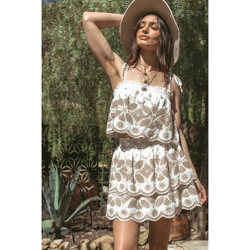 Off White Embroidery Top Mini Skirt Set