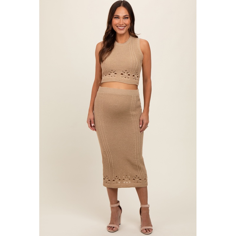 Taupe Crochet Swimsuit Coverup Top and Skirt Maternity Set