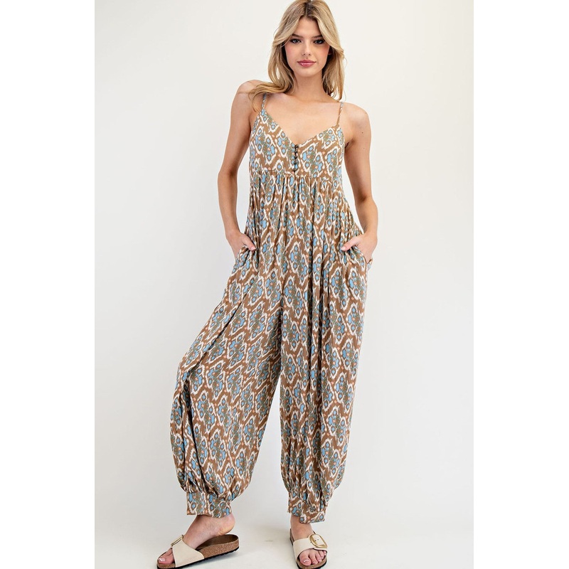 Taupe Printed Sleeveless Barrel Leg Jumpsuit