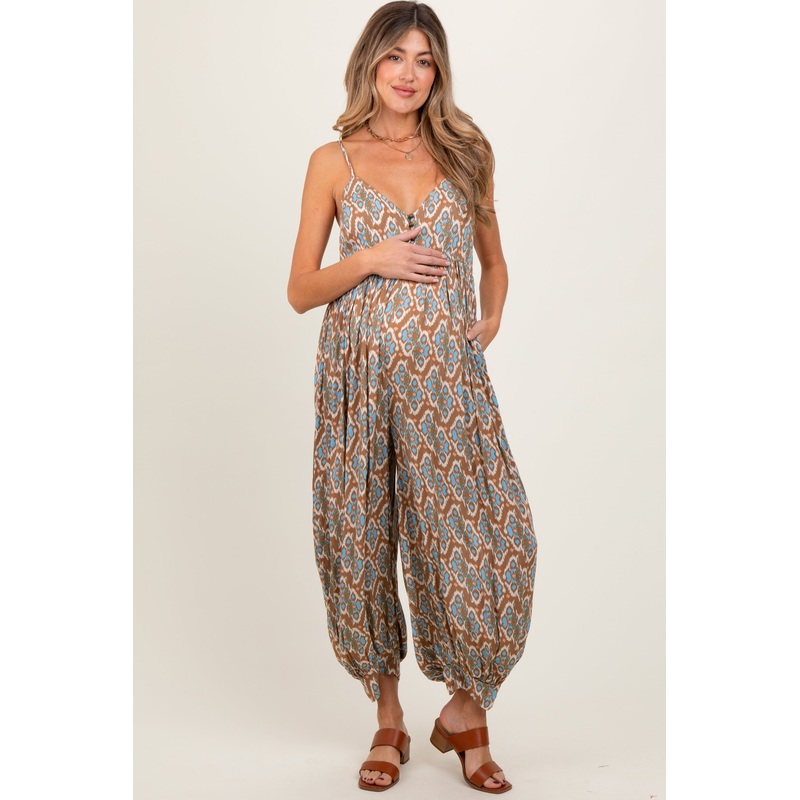 Taupe Printed Sleeveless Barrel Leg Maternity Jumpsuit