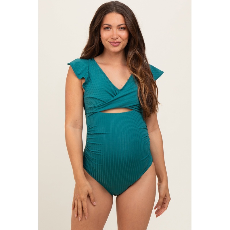 Teal Ribbed Ruched Cutout Flutter One Piece Maternity Swimsuit