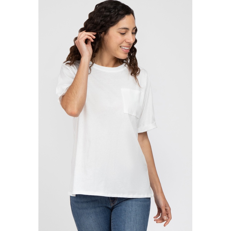 White Oversized Pocket Front Short Sleeve Top