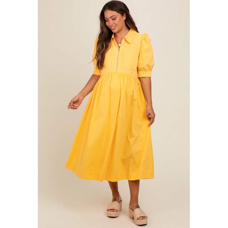 Yellow Half Zip Maternity Midi Dress