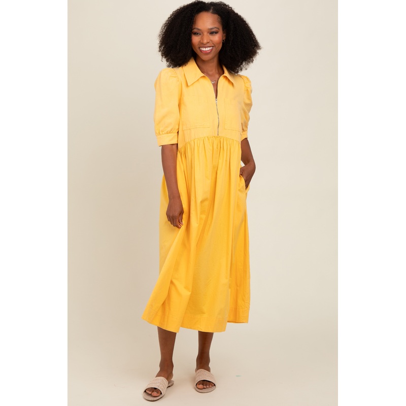 Yellow Half Zip Midi Dress