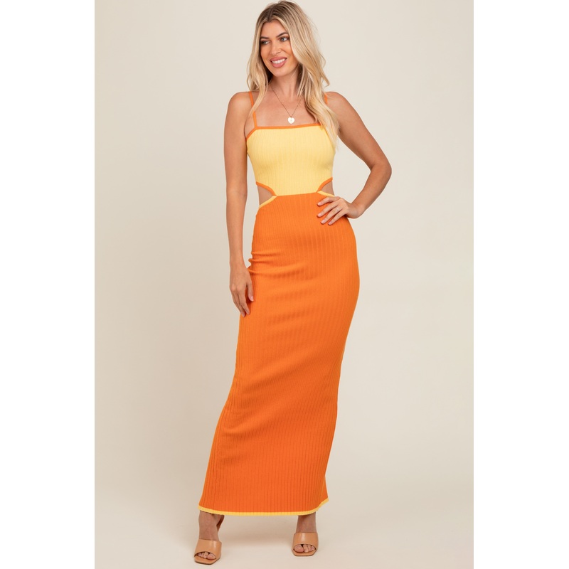 Yellow Orange Colorblock Fitted Maxi