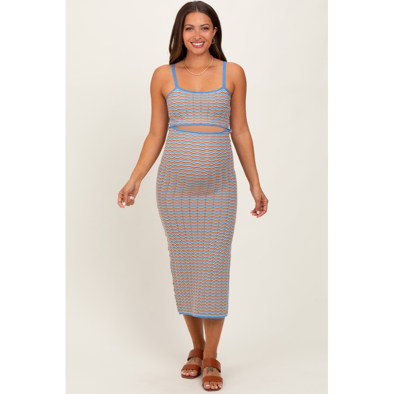 Aqua Chevron Knit Cutout Fitted Maternity Midi Dress