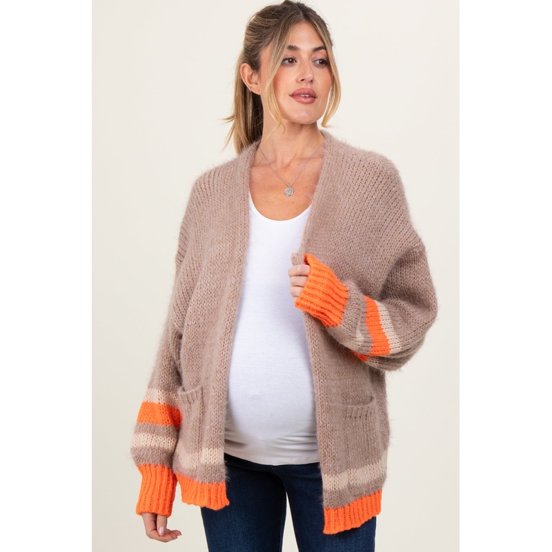 Beige Chunky Knit Stripe Detail Maternity Sweater Cardigan