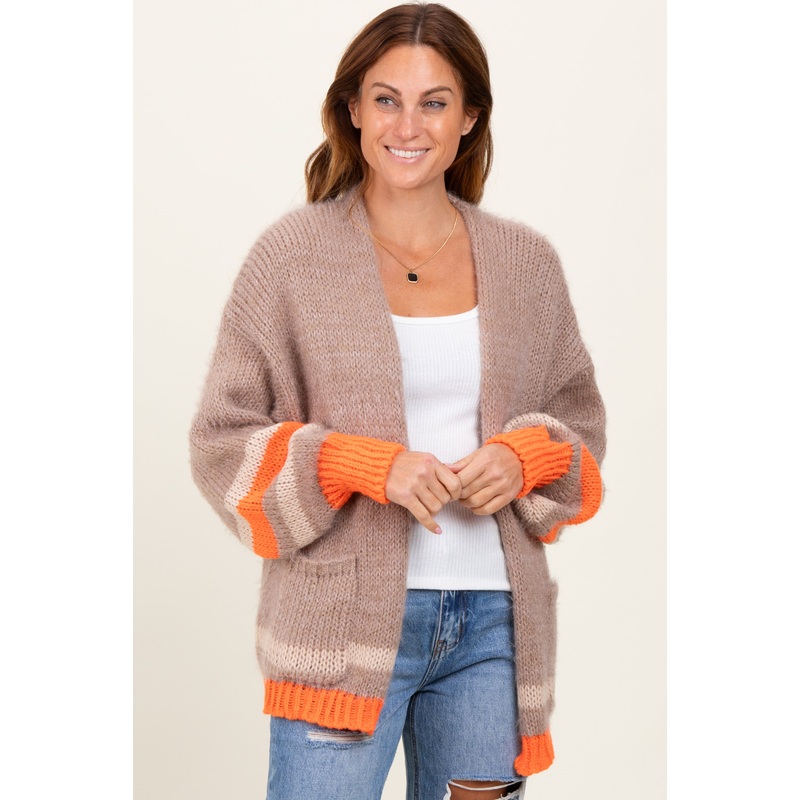 Beige Chunky Knit Stripe Detail Sweater Cardigan