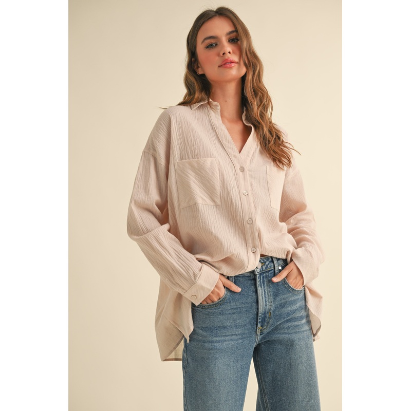Beige Cotton Gauze Oversized Button Down Shirt