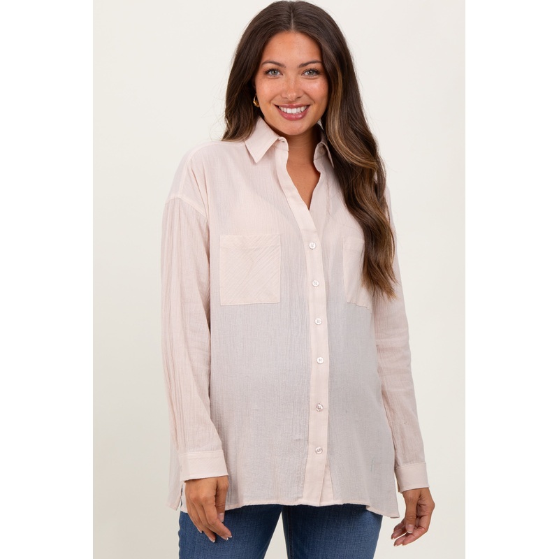 Beige Cotton Gauze Oversized Maternity Button Down Shirt
