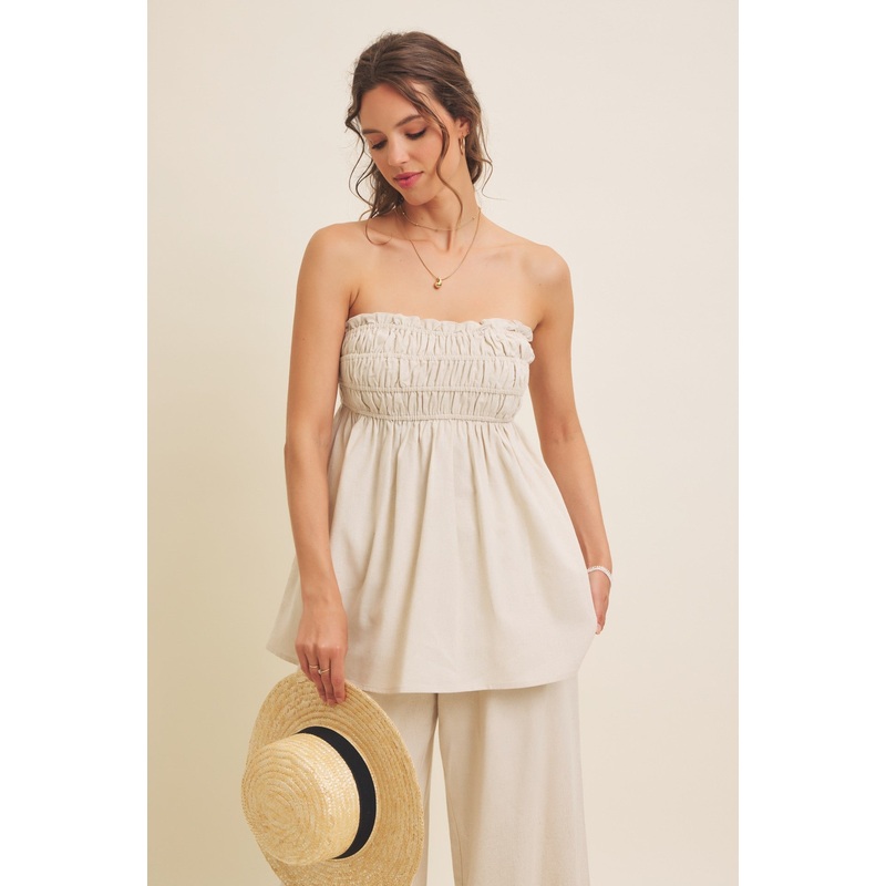 Beige Linen Ruched Strapless Tube Tunic Top