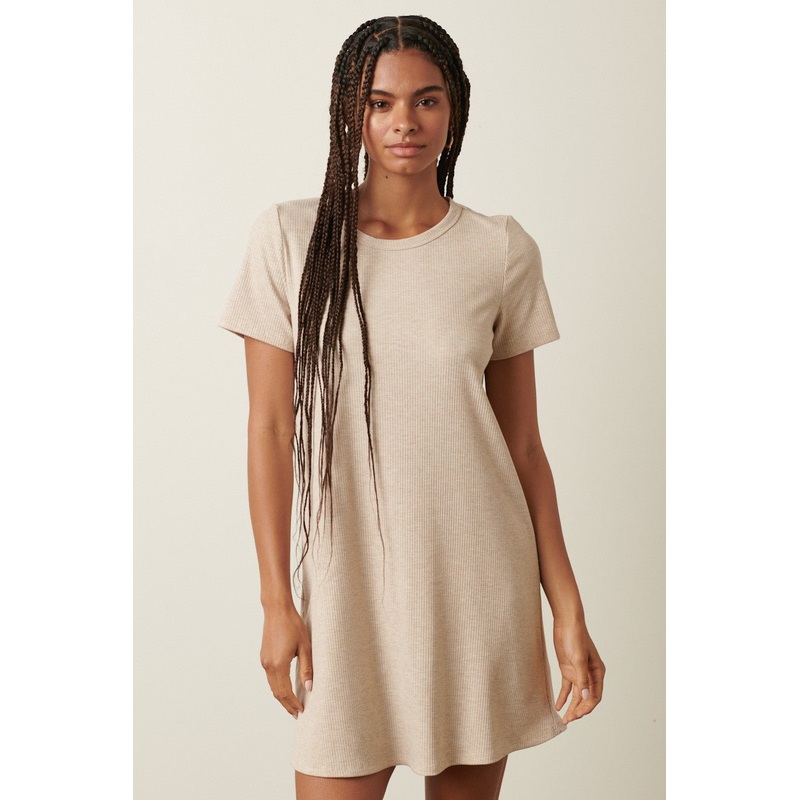 Beige Ribbed Knit Basic Short Sleeve T-Shirt Dress