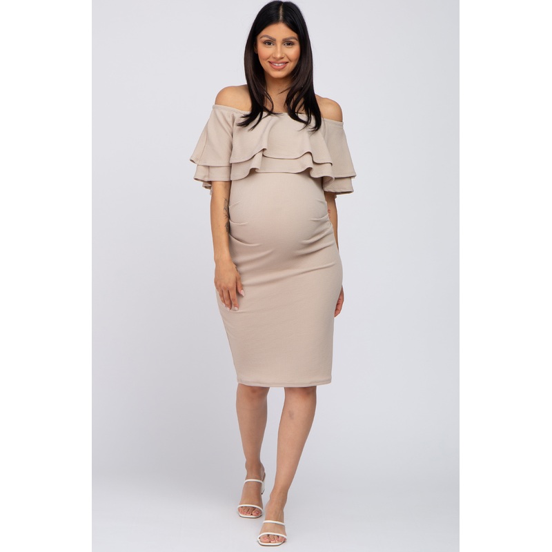 Beige Ruffle Off Shoulder Ruched Maternity Dress