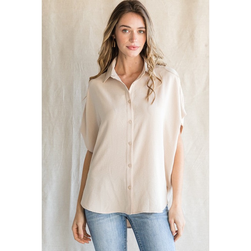 Beige Solid Collared Button-Up Top
