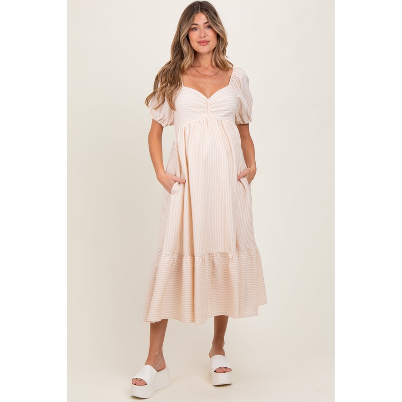 Beige Sweetheart Stripe Smocked Back Maternity Midi Dress