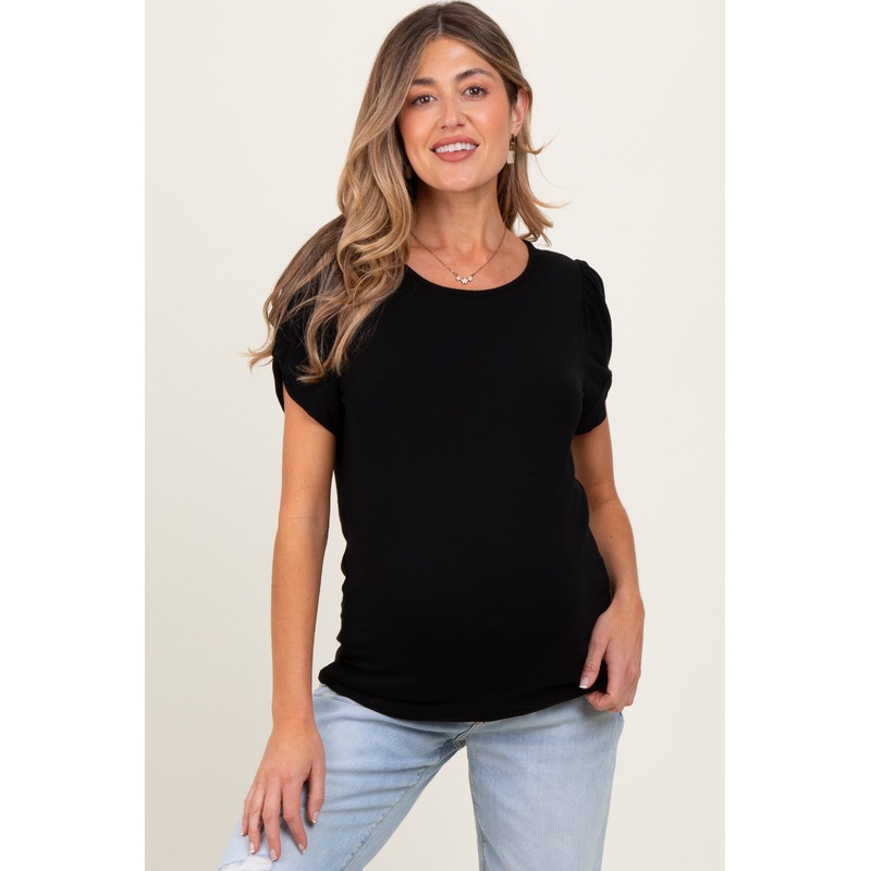 Black Basic Crew Neck Puff Sleeve Maternity Top