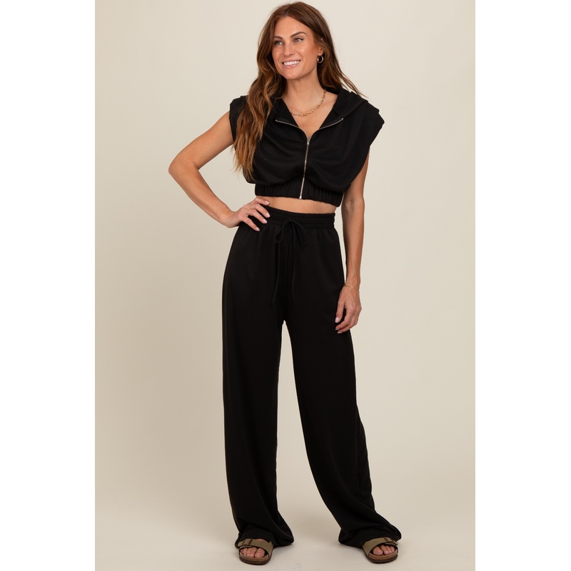 Black Cropped Hoodie Pants Set