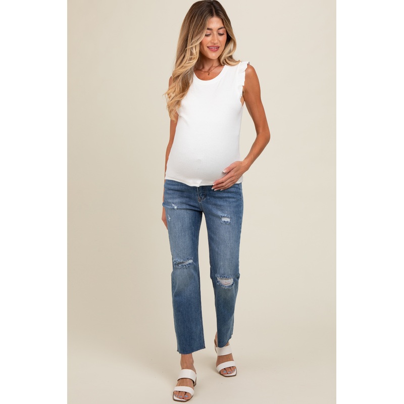 Blue Distressed Cut Hem Slim Straight Maternity Jeans