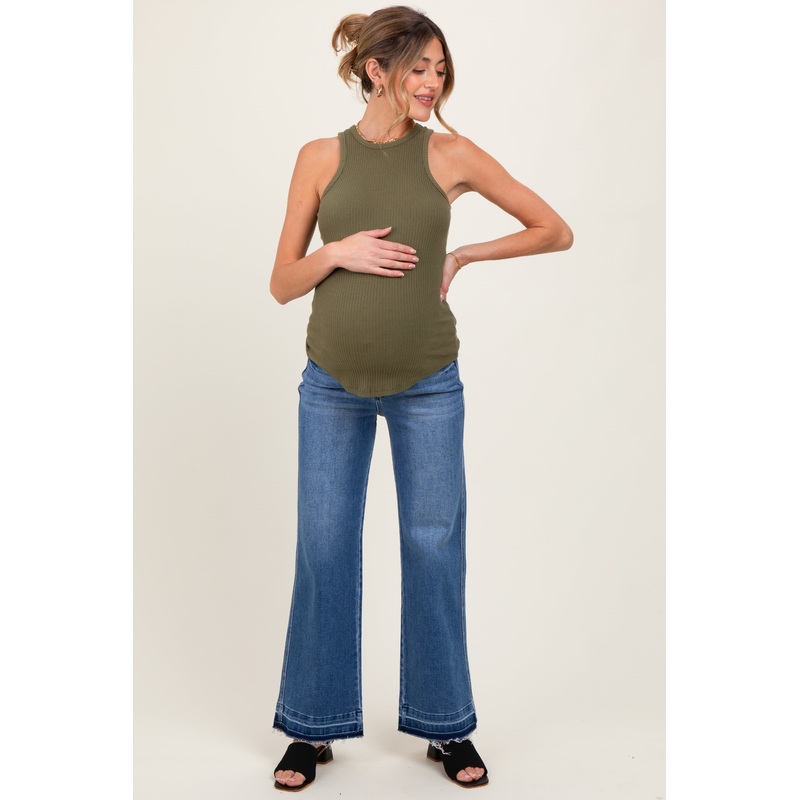 Blue Raw Hem Distressed Ankle Wide Leg Jeans