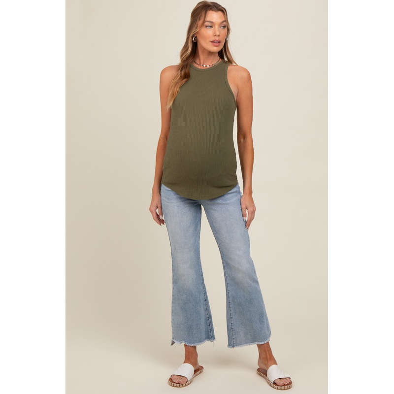 Light Blue Fringe Hem Maternity Crop Flare Jeans