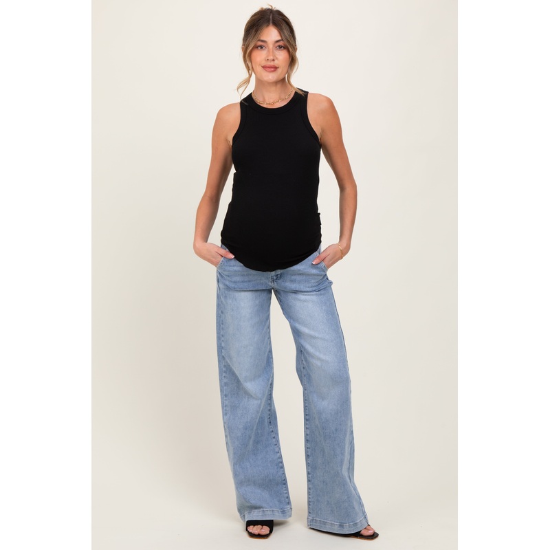 Light Blue Vintage Wash Wide Leg Maternity Jeans