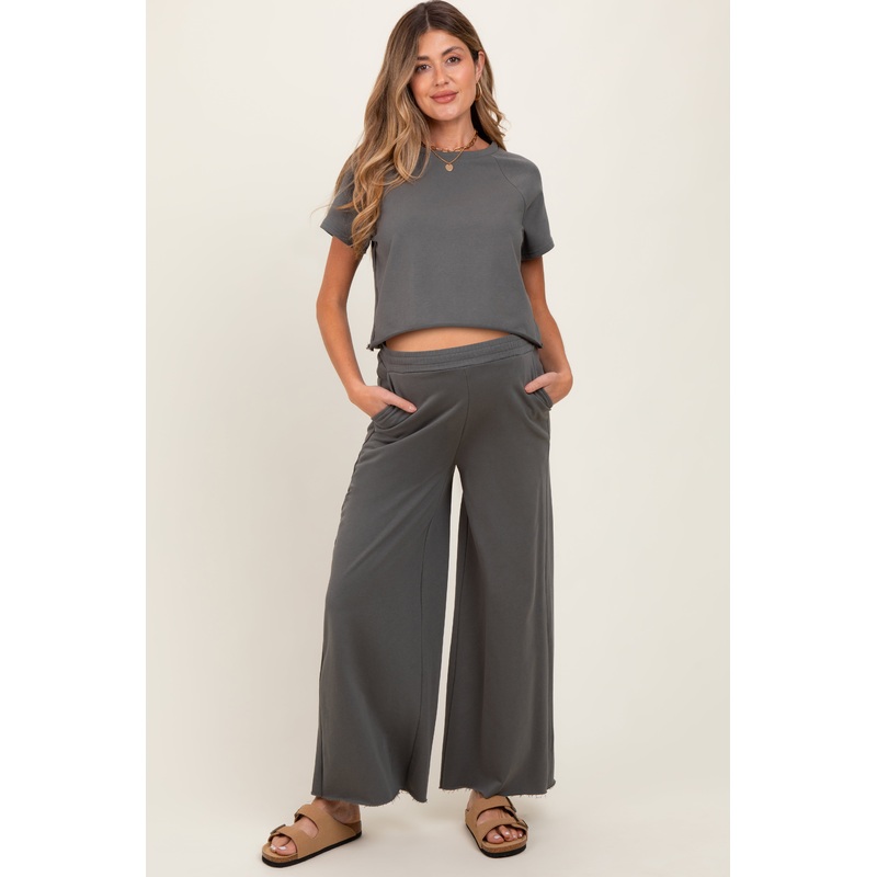 Olive Basic Tee And Wide Leg Pant Maternity Set