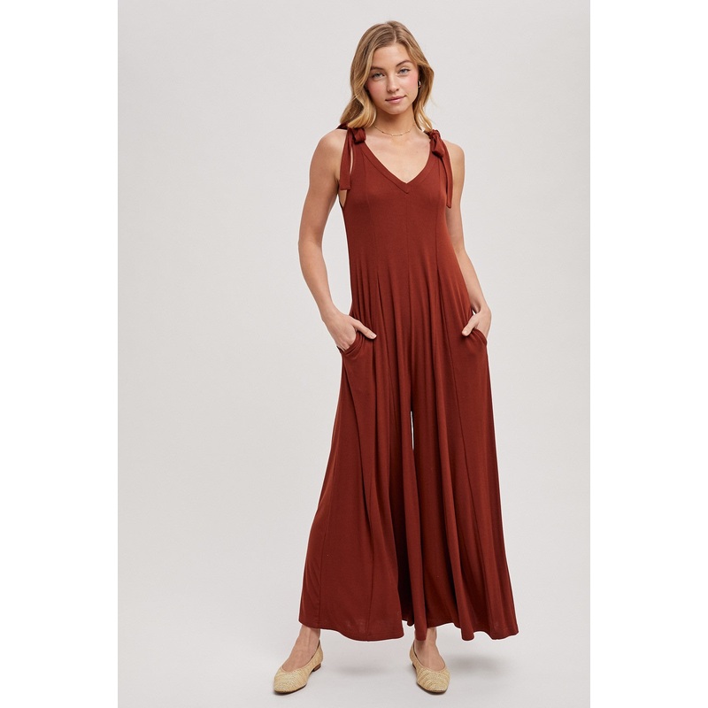 Rust Shoulder Tie Wide Leg Jumpsuit