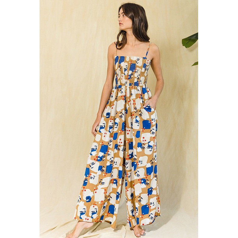 Taupe Leaf Print Smocked Wide Leg Jumpsuit