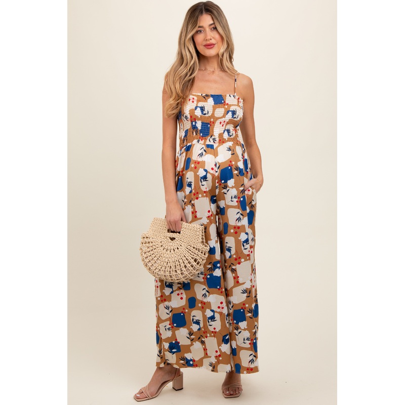 Taupe Leaf Print Smocked Wide Leg Maternity Jumpsuit