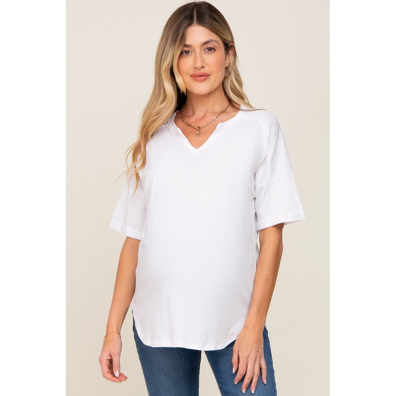 White Oversized V-Neck Cuffed Short Sleeve Maternity Tee