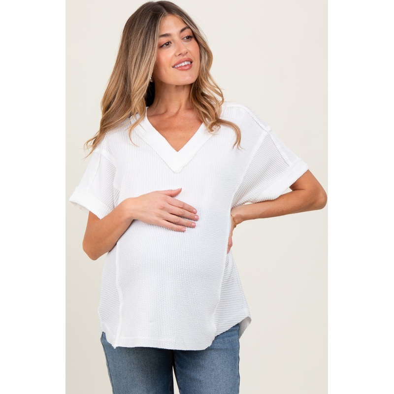 White Ribbed Raw Hem Maternity Short Sleeve Top
