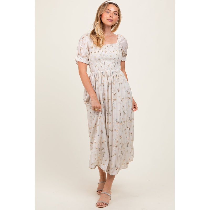 Yellow Floral Printed Puff Sleeve Midi Dress