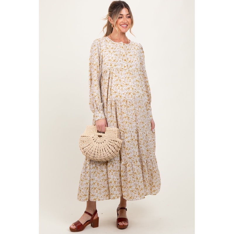 Yellow Printed Tiered Maternity Maxi Dress