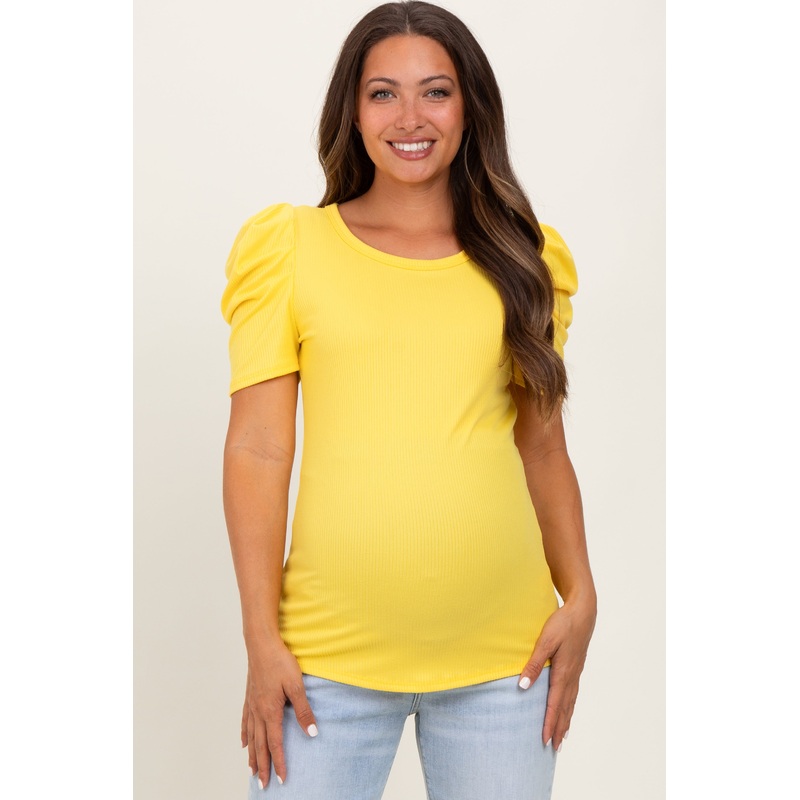 Yellow Ribbed Ruched Short Sleeve Maternity Top