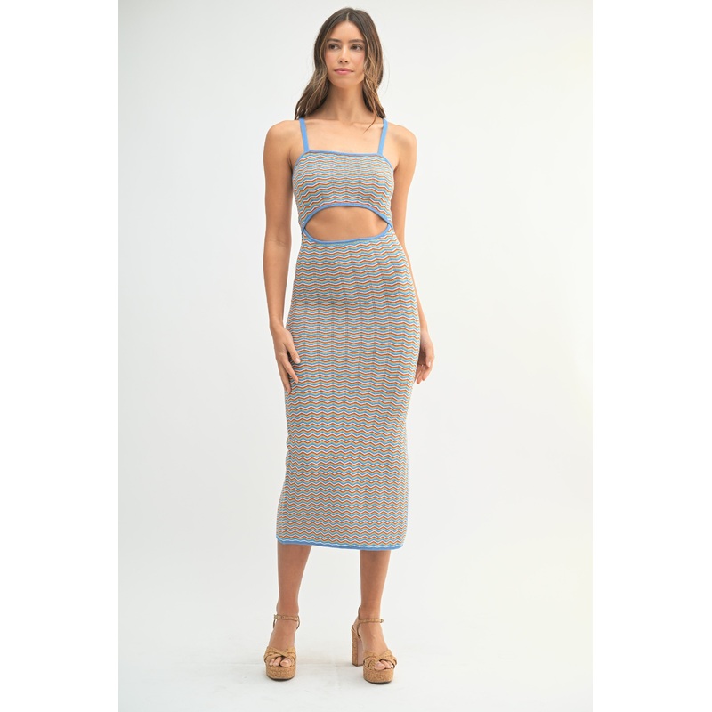 Aqua Chevron Knit Cutout Fitted Midi Dress