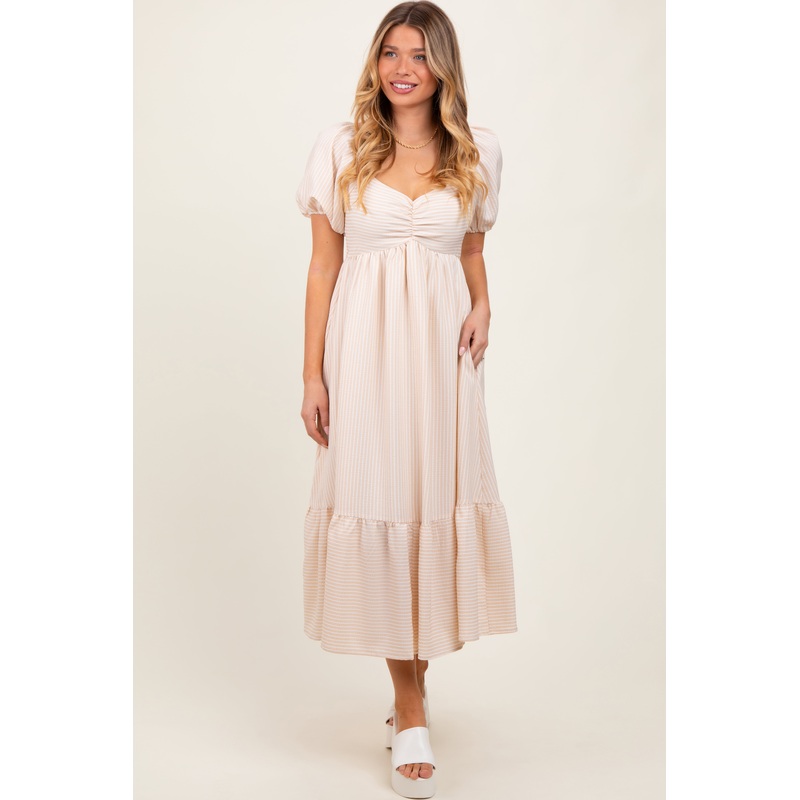 Beige Blue Sweetheart Stripe Smocked Back Midi Dress
