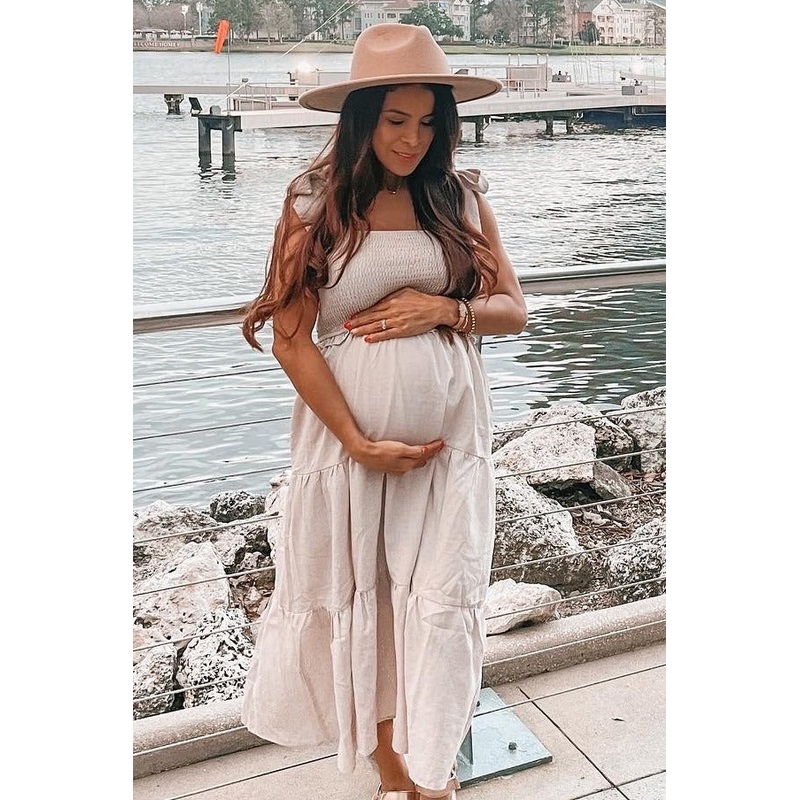 Beige Bow Strap Tiered Maternity Midi Dress