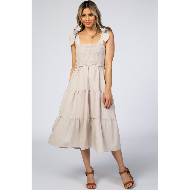 Beige Bow Strap Tiered Midi Dress