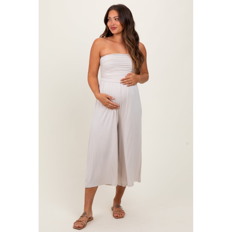 Beige Double Layered Strapless Tube Top Maternity Jumpsuit