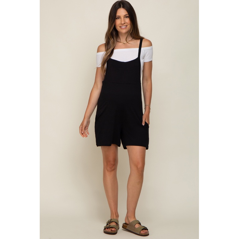 Black Front Pocket Overall Knit Maternity Romper