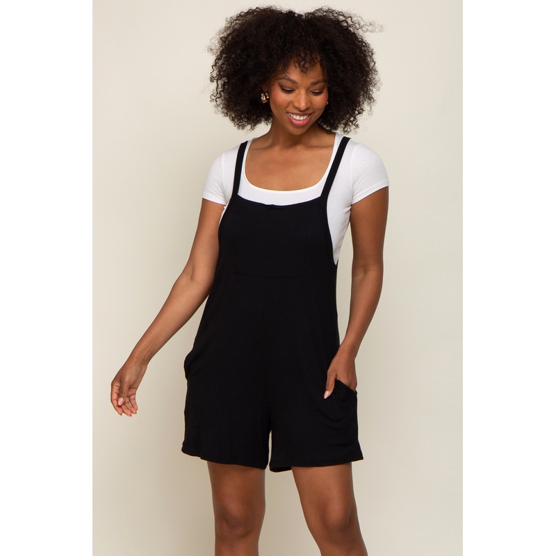 Black Front Pocket Overall Knit Romper