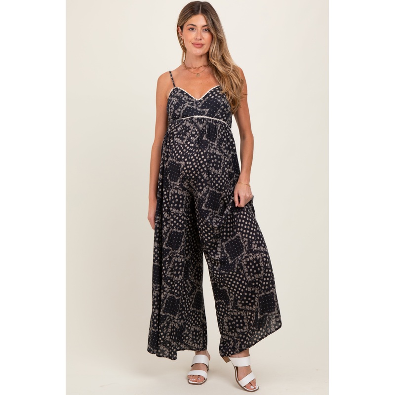 Black Paisley Printed Wide Relaxed Fit Maternity Jumpsuit