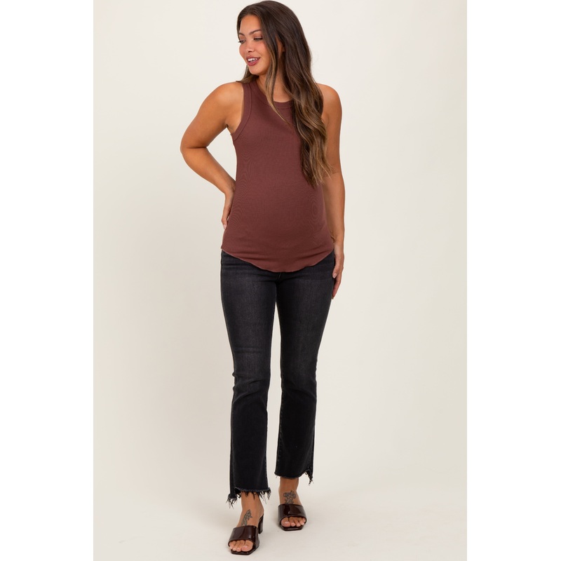 Black Washed Raw Hem Crop Flare Maternity Jeans