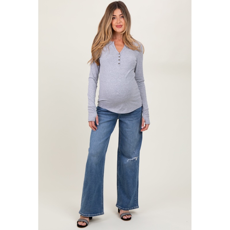 Blue Distressed Open Knee Wide Leg Maternity Jeans