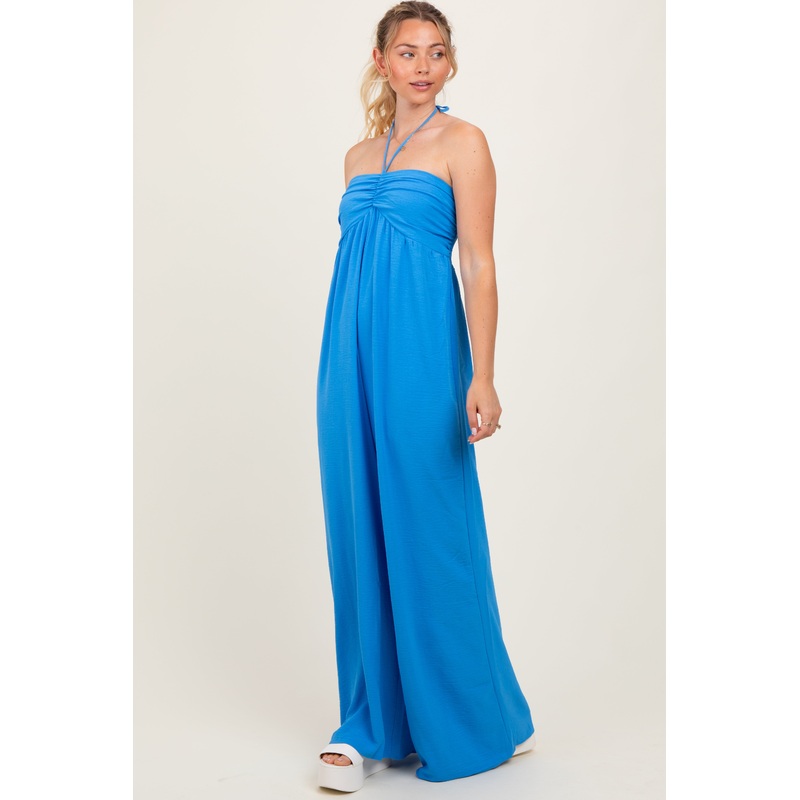 Blue Halter Neck Wide Leg Jumpsuit