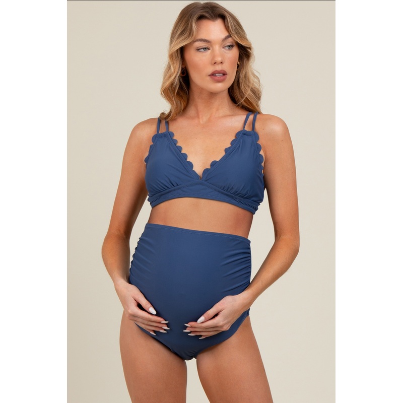 Blue Scalloped V-Neck High Waist Two-Piece Maternity Swimsuit