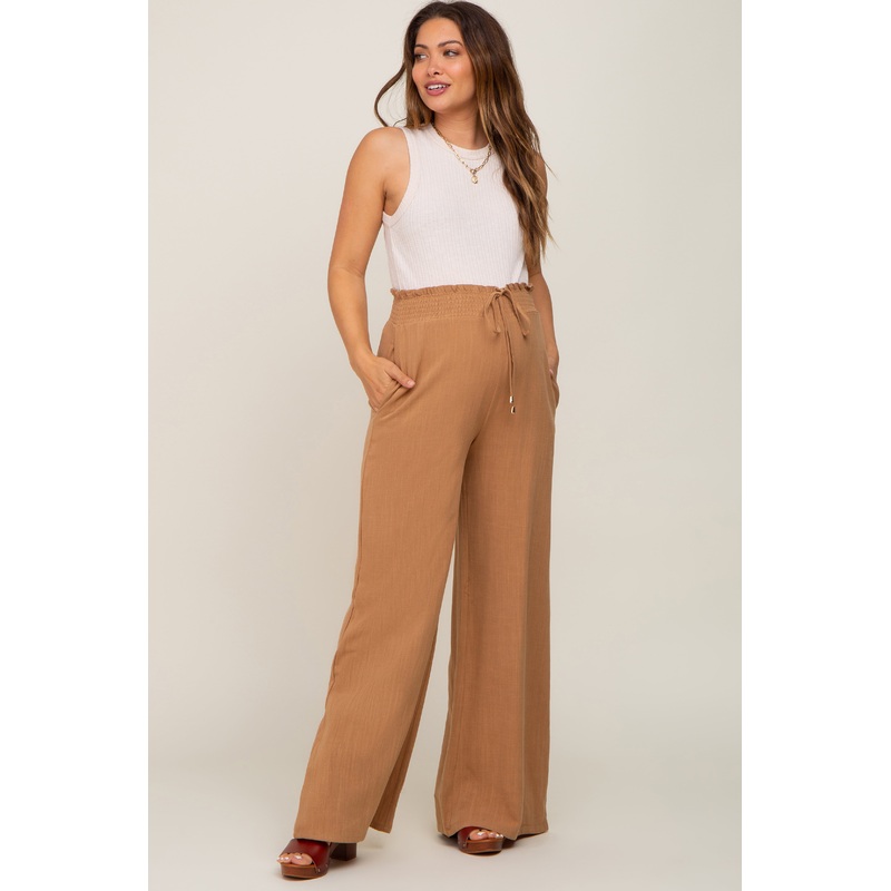 Camel Smocked Waist Wide Leg Linen Maternity Pants