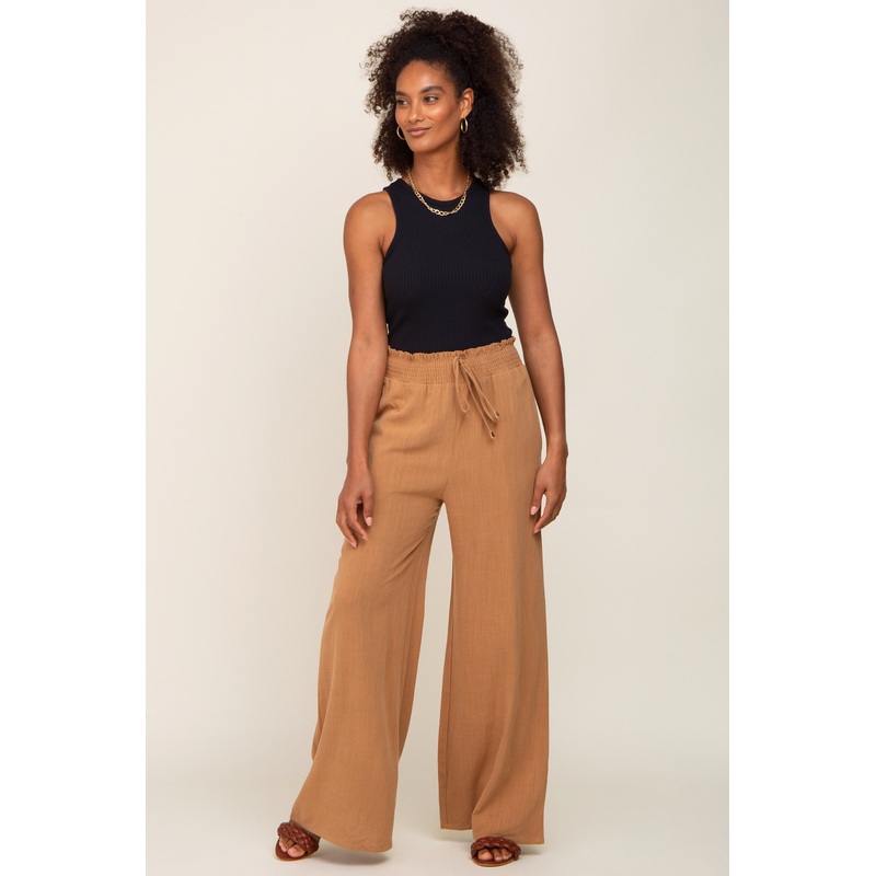 Camel Smocked Waist Wide Leg Linen Pants