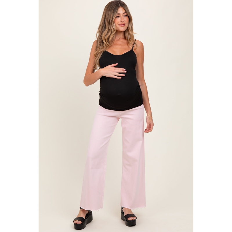 Light Pink Raw Hem Wide Leg Maternity Jeans