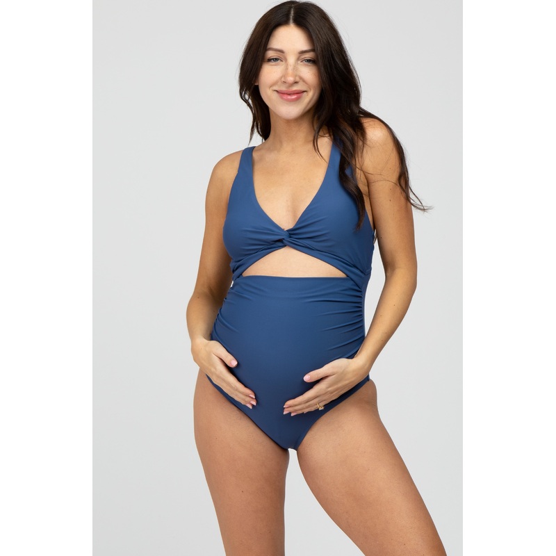 Navy Blue Ruched Sides Front Cutout Maternity One Piece Swimsuit